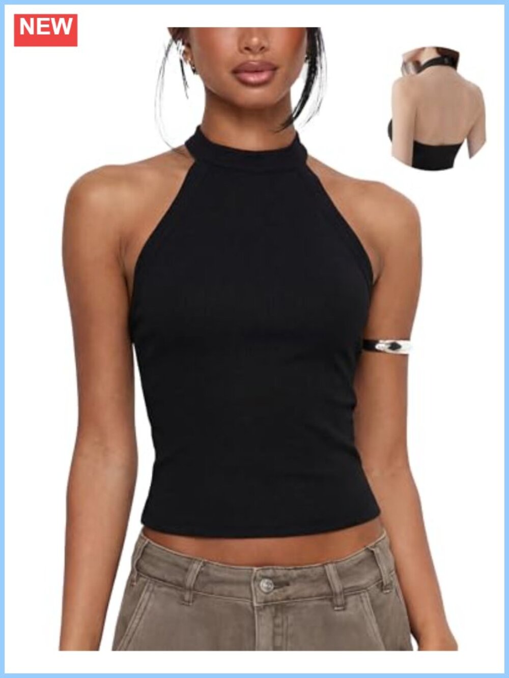 Halter Tank Top Open Back High Neck Backless Sleeveless Ribbed Cotton
